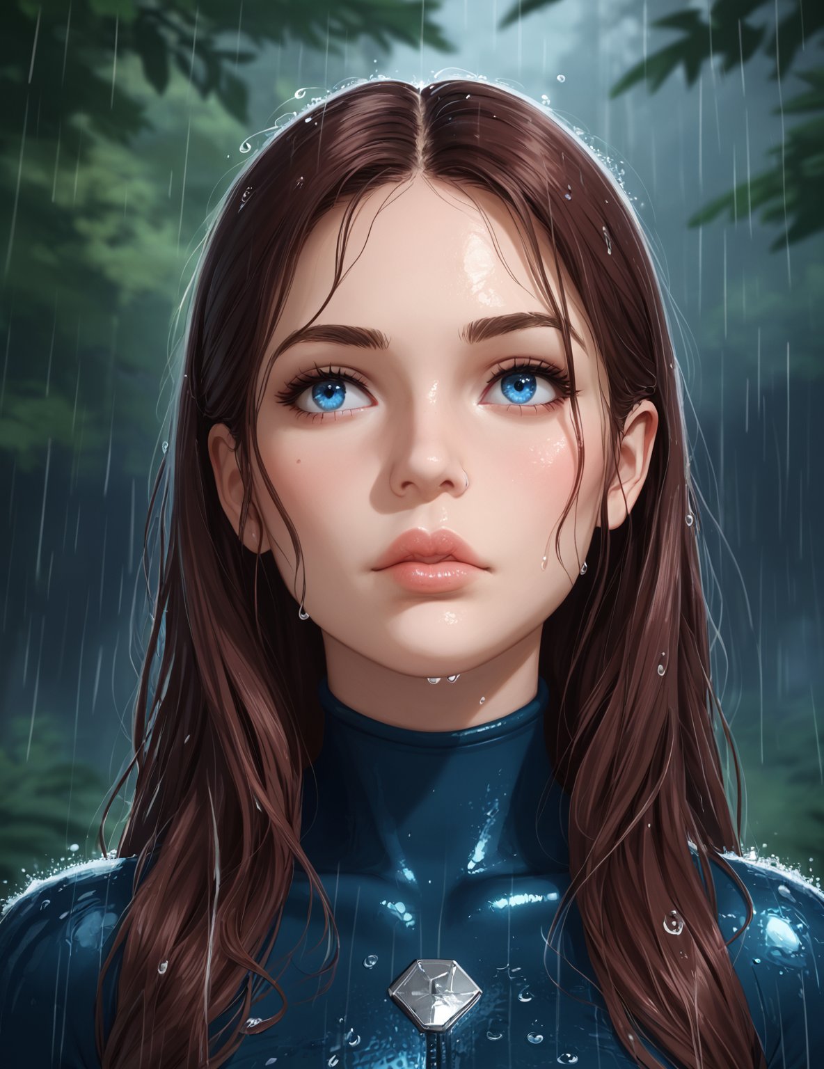 Close-up realistic potret,hyper-realistic,hyper-detailed,Ultra UHD HD.A beautiful sweet and charm woman,oval face,blue eyes,pointed nose,charm lips,perfect eyebrow,brown and long silky hair,wearing amour suit,looking to camera,with the sharp eyes,wet in the rain,sharp of raining drop atsmosphere,in the serene forest.Dramatic,cinematic.64K.