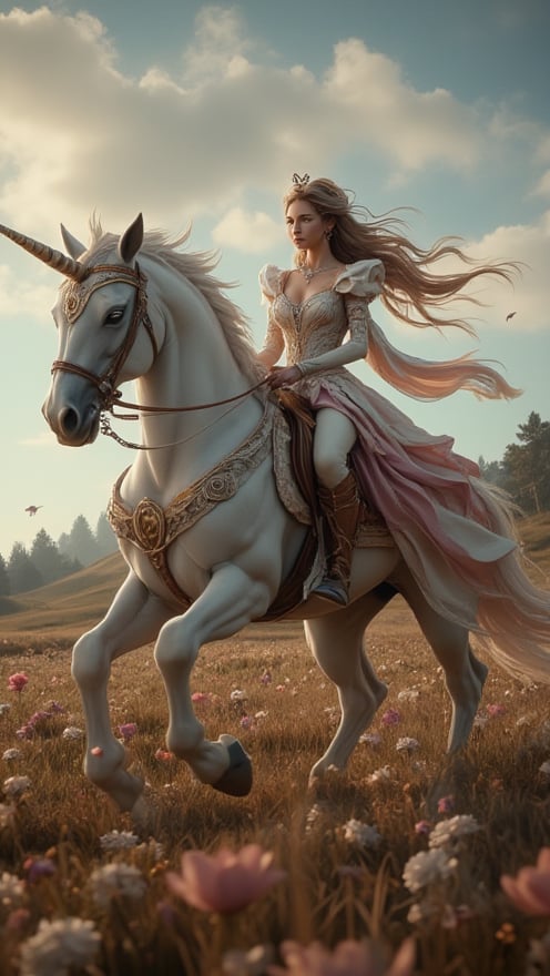 A realistic 3D image of a dressed woman in a magical dress,riding a white horse in a field,fantasy art,magical realism,inspired by Julieet Wytsman,beautiful fantasy maiden,wearring riding shoes,realistic fantasy pothography,potrait of the celtic goddes Dania,woman riding a fly unicorn,with magical flowers everywhere.cinematic,dramatic.