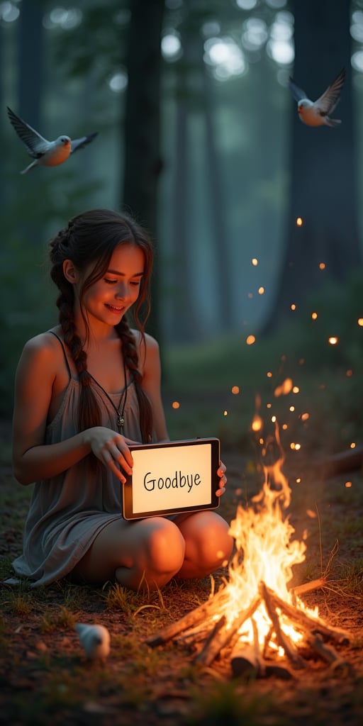 A lovely woman with braided brown hair and a kind smile sits by a cozy, glowing campfire in an enchanted forest, holding a sign "Goodbye" on an electronic screen. She wears a simple, comfortable dress, and the light of the fire casts a warm glow on her face. Magical birds gather around, adding to the enchanting scene.
