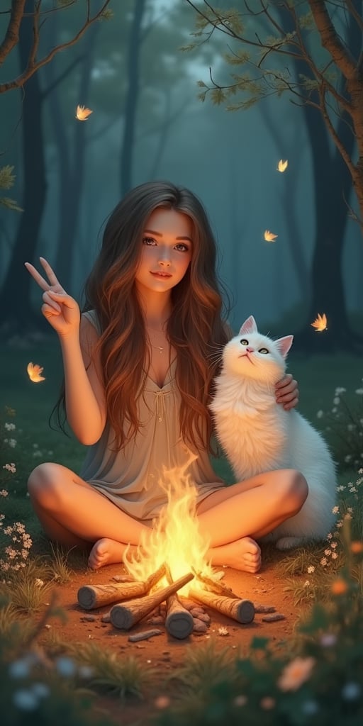 A lovely woman with long brown hair and a kind smile with her white and flurry cat sits by a cozy, glowing campfire in an enchanted forest,wrise up her hand and showing a peace fingger. She wears a simple, comfortable dress, and the light of the fire casts a warm glow on her face. Magical birds gather around, adding to the enchanting scene.White a wild little flowers.
