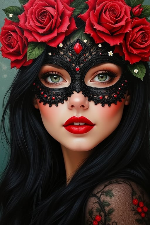 Oil Painting close-up potret face of beautiful woman,perfect beautiful oval face,green eyes,pionted nose,charming lips,black long flowing hair,wearing a black in red roses intricated face mask,decorated by red roses and little white flowers,