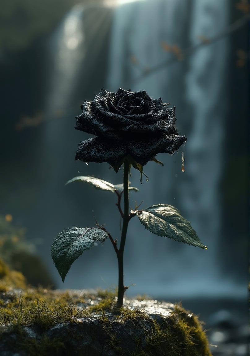 Ultra hyper-detailed and hyper-realistic of a black rose from the side that was placed on the wet mossy stone with water droplets clearly visible on the petals,the atmosphere in the cold waterfall area was also quiet,the effectof the splash of the waterfall and the rays of the sun towards the black rose flower was clearly visible.