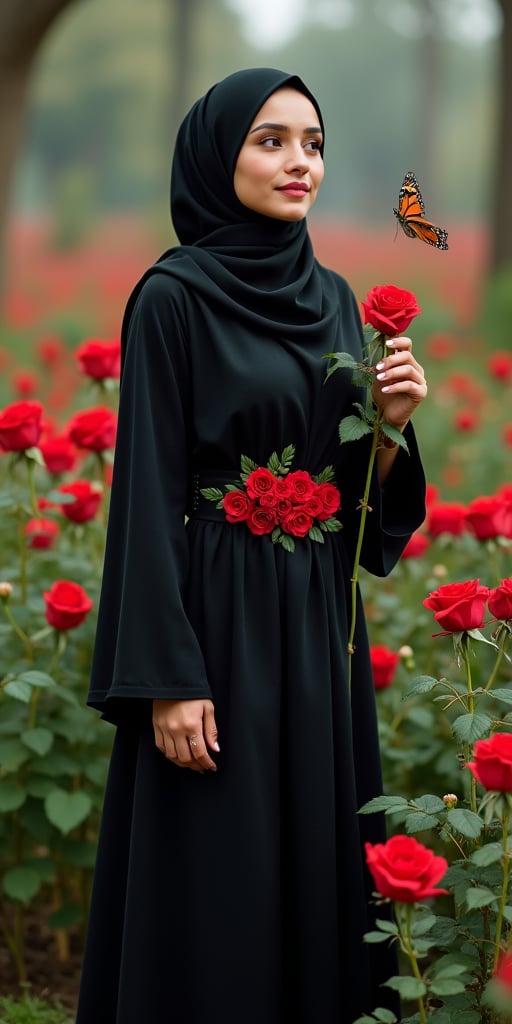 Full-lenght image of a beautiful lady wearing a black hijjab partern with red roses flowers,wearing long black Abaya with red roses belt,holding a red roses flower in her hand,standing at the flowers garden,with a beautiful bird and buterflies.cinematic.
