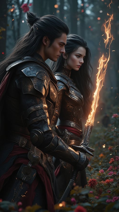 Cinematic,Meduim Macro close camera view showing amour warrior woman and man  image,oval face and long black hair,pointed nose,hazelnut eyes,wearing a warrior suit,the couple of warrior  was holding inticated sword at they hand and sparkling fire sword.Background show a fantasy word and forest with mind blowing and unseen yet before of plants and insects with wild flowers sereen cinematic