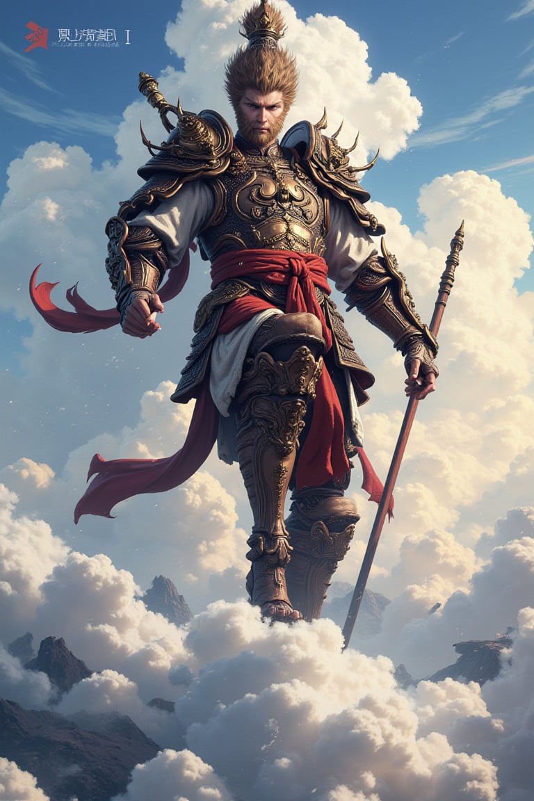 Wukong, brown-hair, Full body, baton, on top of a flying cloud, realistic_anime, Anime Style, realistic, armored