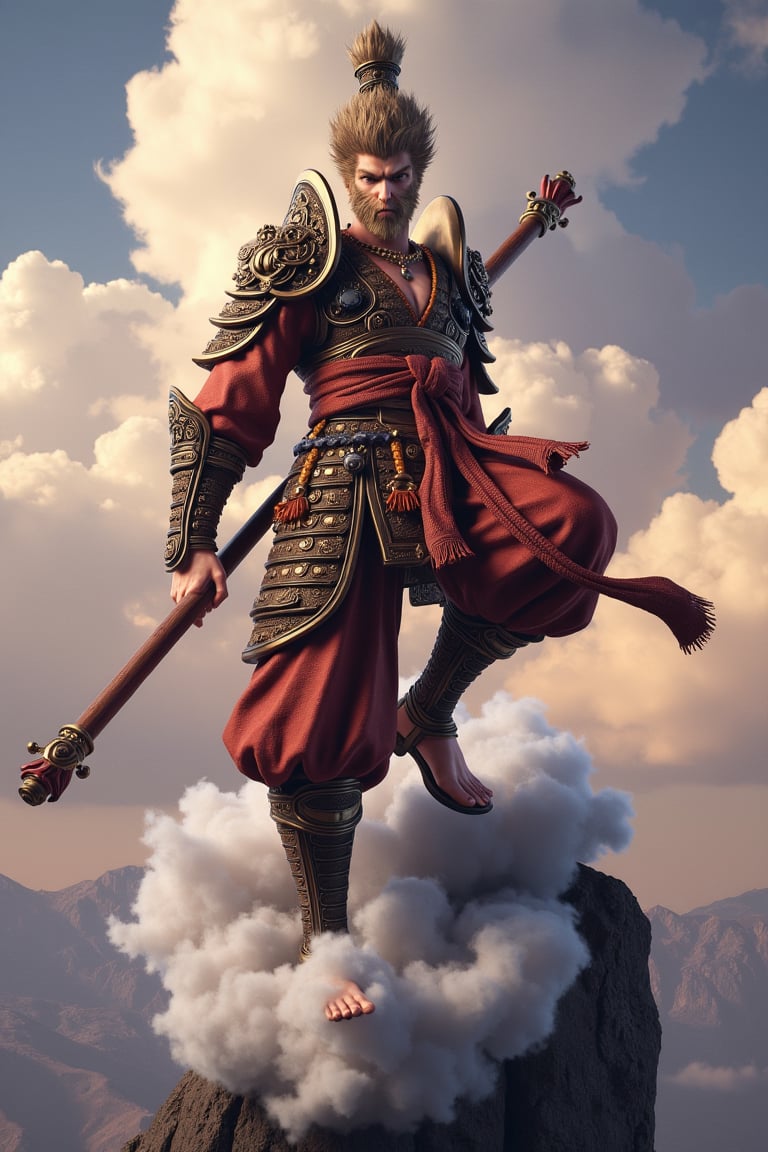 Wukong, brown-hair, Full body, baton, on top of a flying cloud, realistic_anime, Anime Style