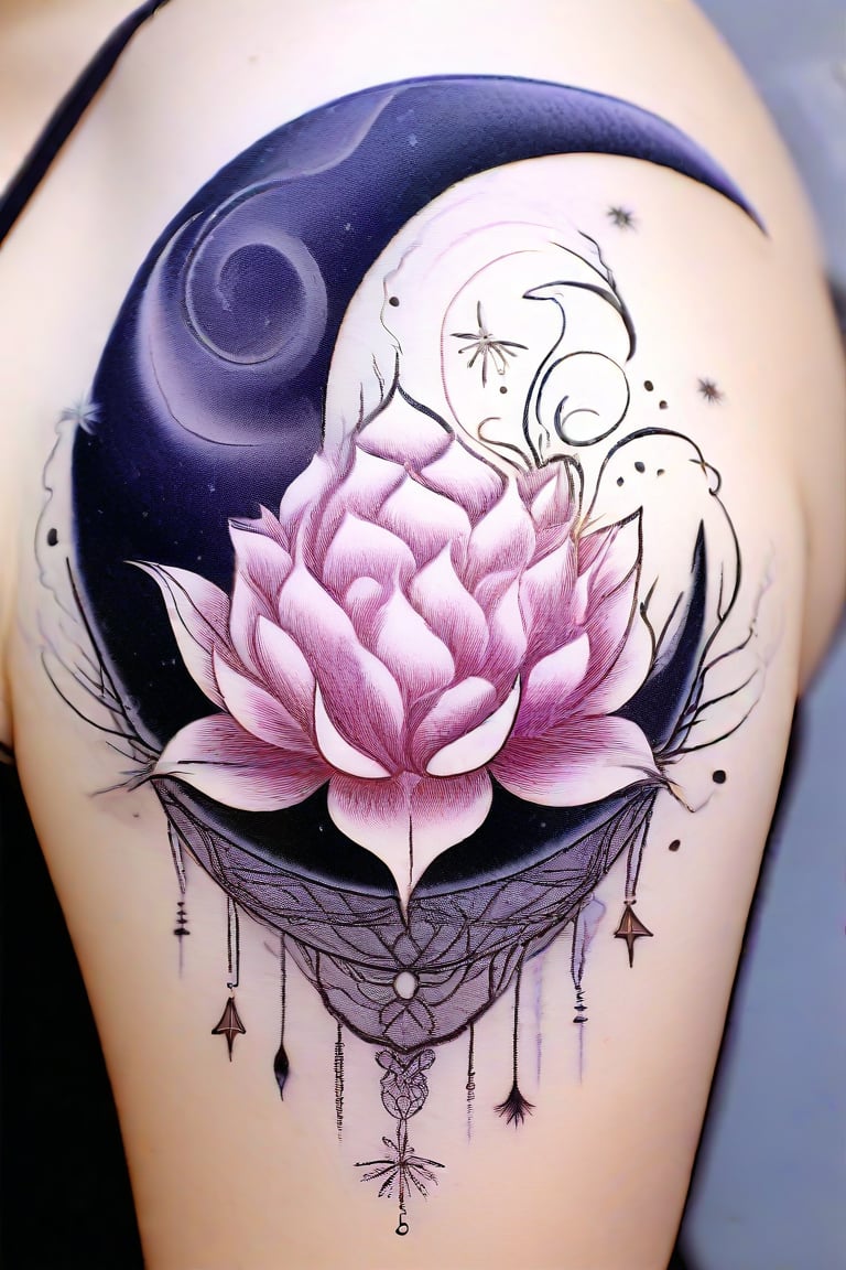 "A delicate, intricately detailed tattoo of a crescent moon cradling a blooming lotus flower. The moon is composed of fine, swirling lines with small stars and dots, giving it a celestial feel. The lotus is in full bloom, with petals shaded in gradients from deep purple at the base to soft pink at the tips, each petal meticulously detailed. Around the moon and lotus, thin wisps of smoke or mist curl gracefully, forming subtle, elegant patterns. The overall design is ethereal, combining elements of nature and the cosmos, and is both serene and mystical."