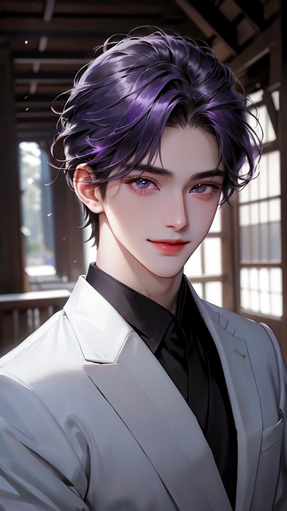 64K ultra-clear, ultra-high definition, ultra-high level, ultra-high quality, soft colors, true light and shadow, rich colors, 1man, real photo, Japanese cartoon style, purple-haired man, black eyelashes, long eyelashes, violet eyes, fine hair, short hair, mature and handsome face, giving him a natural leadership temperament, obvious facial features, delicate appearance, handsome, white Wearing a high-quality suit, three-quarter figure, smiling and enjoying the natural breeze, gorgeous European hall, delicate and beautiful, delicate light and shadow shine on him, 5-point perspective, blurred depth of field.