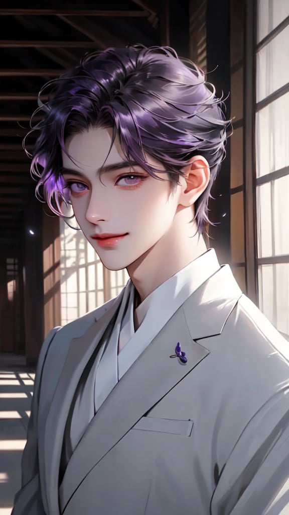 64K ultra-clear, ultra-high definition, ultra-high level, ultra-high quality, soft colors, true light and shadow, rich colors, 1man, real photo, Japanese cartoon style, purple-haired man, black eyelashes, long eyelashes, violet eyes, fine hair, short hair, mature and handsome face, giving him a natural leadership temperament, obvious facial features, delicate appearance, handsome, white Wearing a high-quality suit, a three-part figure, smiling and enjoying the natural breeze, the gorgeous hall is delicate and beautiful, the light and shadow are delicately shining on him, and the depth of field is blurred. 