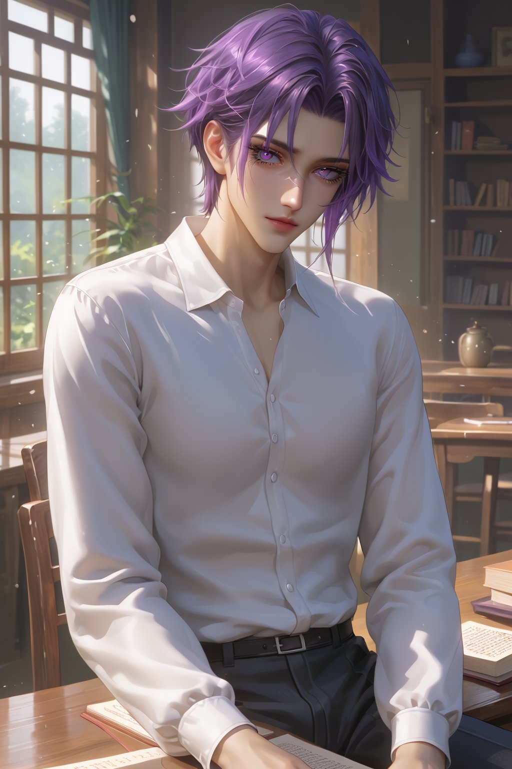 1man, real photo, Japanese manga style, purple-haired male, black eyelashes, long eyelashes, violet eyes, detailed hair, short hair, mature and handsome face, giving him a natural leader's temperament, giving people a quiet feeling A meditative feeling. He looks directly at the viewer, sitting on a table with a book, his violet eyes twinkling with subtlety. A white shirt flatters your figure.