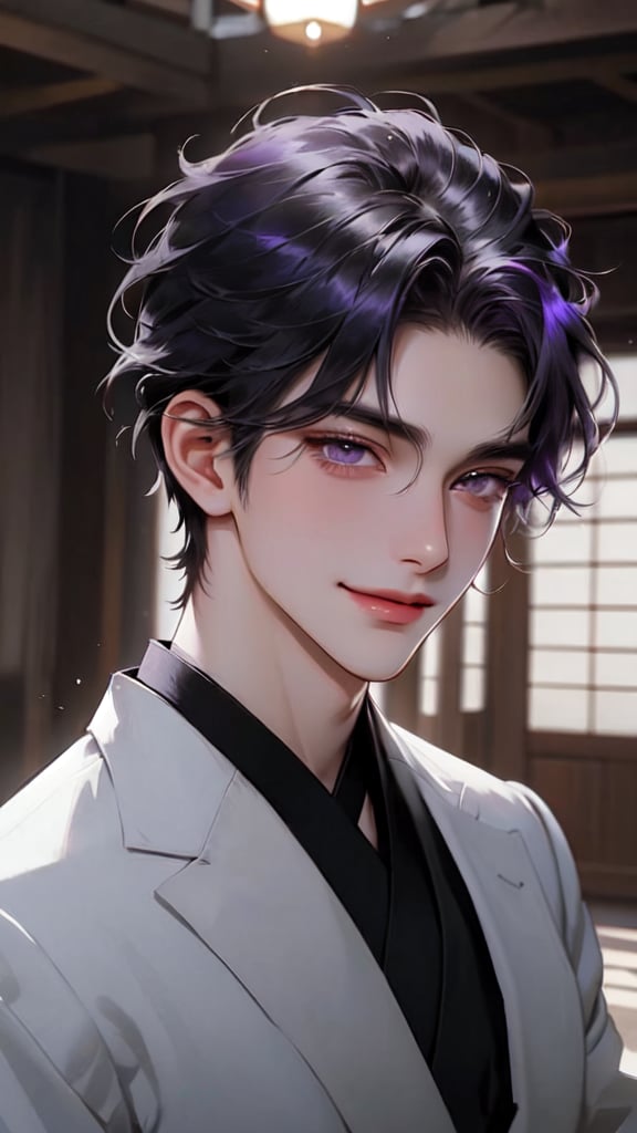 64K ultra-clear, ultra-high definition, ultra-high level, ultra-high quality, soft colors, true light and shadow, rich colors, 1man, real photo, Japanese cartoon style, purple-haired man, black eyelashes, long eyelashes, violet eyes, fine hair, short hair, mature and handsome face, giving him a natural leadership temperament, obvious facial features, delicate appearance, handsome, white Wearing a high-quality suit, three-quarter figure, smiling and enjoying the natural breeze, gorgeous European hall, delicate and beautiful, delicate light and shadow shine on him, 5-point perspective, blurred depth of field.