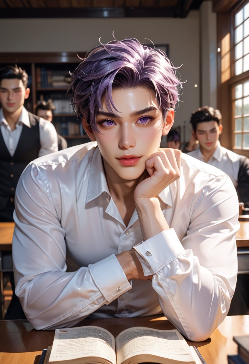 1man, real photo, Japanese manga style, purple-haired male, black eyelashes, long eyelashes, violet eyes, detailed hair, short hair, mature and handsome face, giving him a natural leader's temperament, giving people a quiet feeling A meditative feeling. He looks directly at the viewer, sitting on a table with a book, his violet eyes twinkling with subtlety. A white shirt flatters your figure.,score_9, score_8_up, score_7_up,