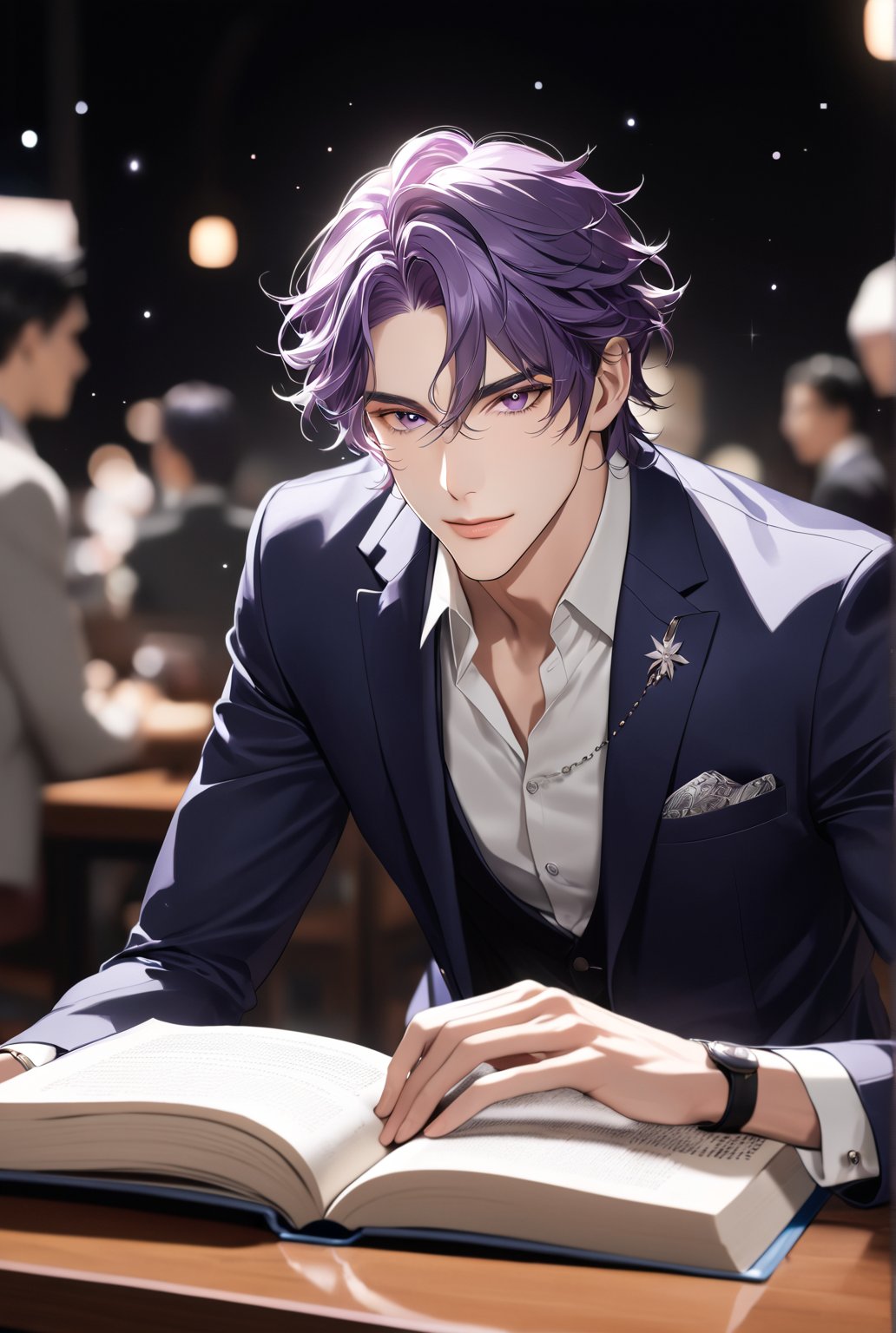 1man, real photo, Japanese manga style, purple-haired male, black eyelashes, long eyelashes, violet eyes, detailed hair, short hair, mature and handsome face, giving him a natural leader's temperament, giving people a quiet feeling A meditative feeling. He looks directly at the viewer, sitting on a table with a book, his violet eyes twinkling with subtlety.,score_9, score_8_up, score_7_up,Dark background, blurred depth of field, dots of stars