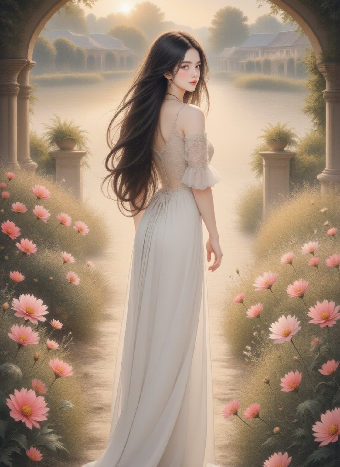 64K ultra-clear, ultra-high definition, ultra-high quality, soft colors, true light and shadow, rich colors, Korean transparent pastel, watercolor rendering, a 25-year-old woman standing in a picturesque garden, showing An ethereal beauty and elegance, the garden is filled with a wide variety of cosmos. Her long black hair wrapped her face into delicate waves, highlighting the outline of her facial features, with a sense of mystery. Wearing a long white dress, she looks elegant and graceful, exuding timeless charm. The woman has an air of cuteness and innocence that belies her age and also has a hint of intellectual charm. From the anatomically correct hands tenderly holding the flowers to the meticulous eyes reflecting the beauty of the world, every detail is rendered with exquisite precision. This watercolor captures the scene with unparalleled clarity and depth, imbuing every stroke with wonder and magic. The backdrop is a canvas filled with intricate details and vibrant colors, transporting the viewer into a realm where the ordinary becomes extraordinary. Gardens are sanctuaries of nature's beauty that attract people with their fragrant charm. A sense of peace and contentment emanates from the woman as she stands against such a cinematic backdrop, the evening light bathing everything in a soft golden glow, casting a captivating magic over the surroundings.