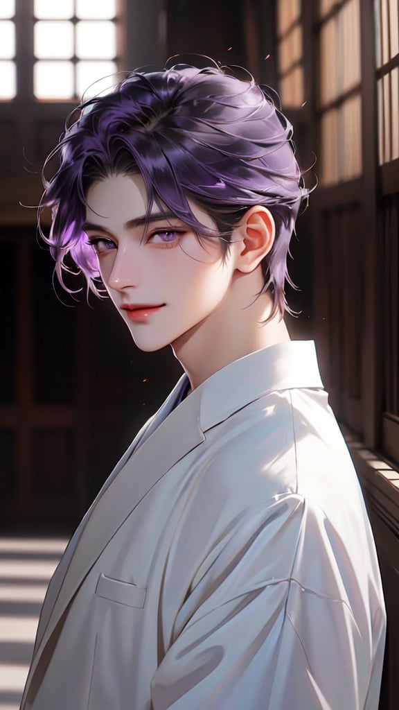 64K ultra-clear, ultra-high definition, ultra-high level, ultra-high quality, soft colors, true light and shadow, rich colors, 1man, real photo, Japanese cartoon style, purple-haired man, black eyelashes, long eyelashes, violet eyes, fine hair, short hair, mature and handsome face, giving him a natural leadership temperament, obvious facial features, delicate appearance, handsome, white Wearing a high-quality suit, a three-part figure, smiling and enjoying the natural breeze, the gorgeous hall is delicate and beautiful, the light and shadow are delicately shining on him, and the depth of field is blurred. 