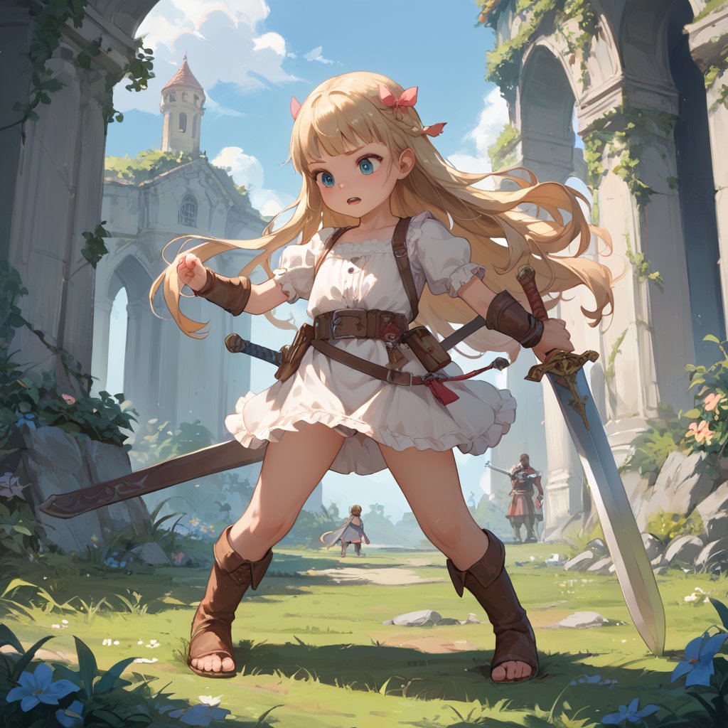 Prompt: score_9, score_8_up, score_7_up, BREAK, girl, loli, fantasy, long hair, girl is trying to lift a big sword, girl fights monsters with a big sword,