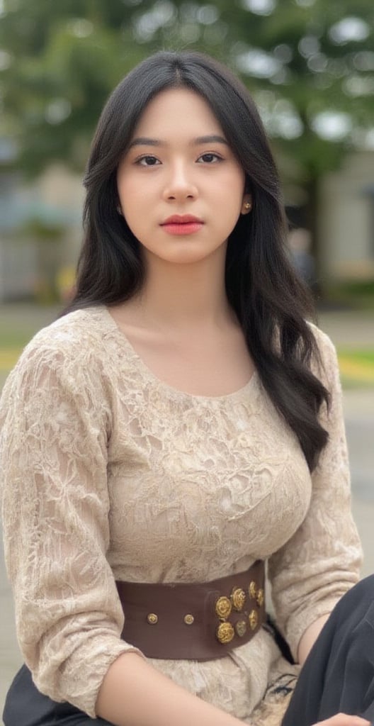 a beautiful Asian woman is seated on the ground. She is dressed in a beige lace blouse, adorned with a brown belt adorned with gold flowers. Her hair is pulled back in a bun, adding a pop of color to her face. Her eyes are a piercing blue, and her lips are a vibrant pink. She has a gold earring in her left ear. The backdrop is blurred, suggesting a natural setting.