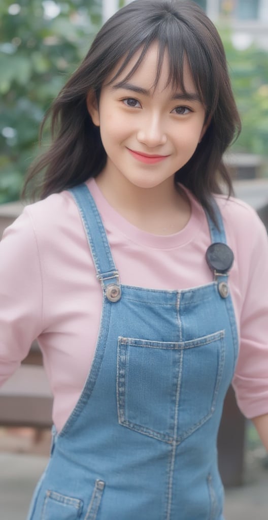 a young Asian girl with dark brown hair, wearing a light pink long-sleeved shirt and a blue jean overalls. She is smiling, with her arms stretched out in front of her. The background is blurred, suggesting a natural setting. The girl's eyes are slightly open, as if she's looking at the camera. She has a black microphone attached to her shirt, adding a pop of color to her outfit.,freya_jkt48,landscape