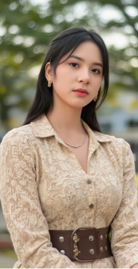 a beautiful Asian woman is seated on the ground. She is dressed in a beige lace blouse, adorned with a brown belt adorned with gold flowers. Her hair is pulled back in a bun, adding a pop of color to her face. Her eyes are a piercing blue, and her lips are a vibrant pink. She has a gold earring in her left ear. The backdrop is blurred, suggesting a natural setting.