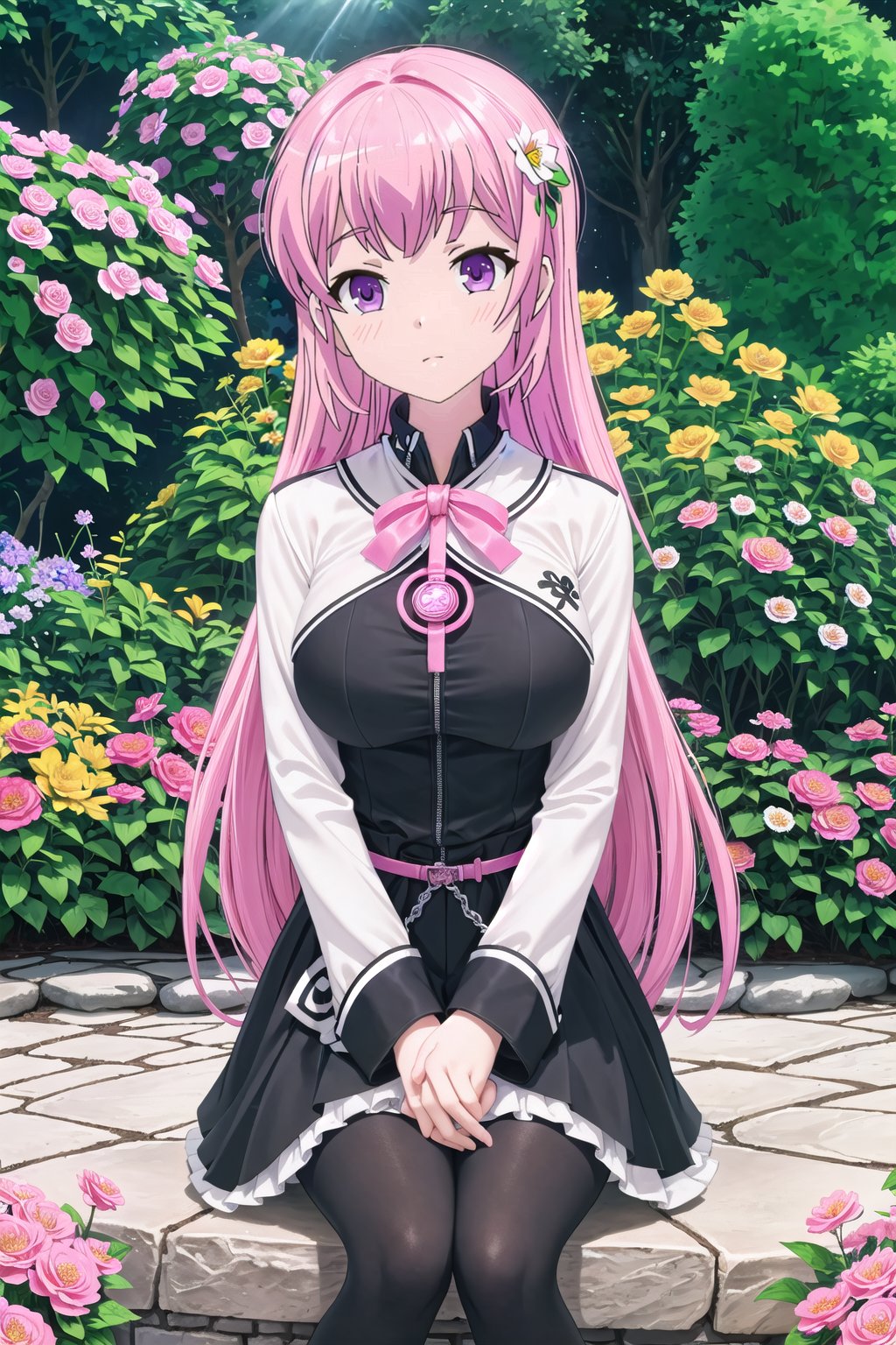 bell, Masterpiece. UHD, 8K, anime style, Bell Flora sitting in a garden surrounded by blooming flowers. She’s wearing her casual black tunic with a white skirt and black tights, and her large pink ribbon is tied neatly in her hair. The sunlight filters through the trees, casting a warm glow on her white skin and golden eyes, which shine with a sense of calm. She’s seated on a stone bench, hands gently resting on her lap, while butterflies and birds flit around the peaceful garden. Her soft pink hair and relaxed posture create a serene, almost magical atmosphere.