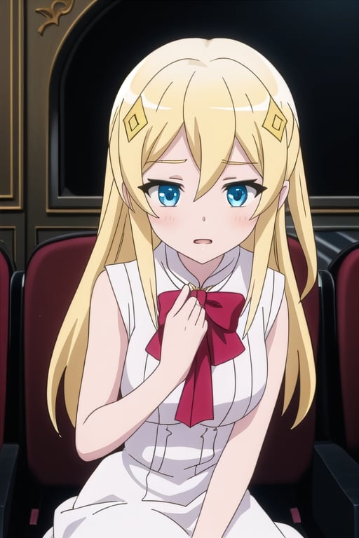 Masterpiece. UHD, 8K, anime style, Hildegard sitting inside a dark movie theater, her elegant dress flowing beneath her as she relaxes in her seat. The dim light from the movie screen reflects on her clean white skin and her long blonde hair tied with the indigo bow. She holds a drink in one hand and is leaning slightly forward with a focused expression on her face. Her blue eyes are fixed on the screen, and the soft glow of the film casts a gentle light on her. The quiet atmosphere of the theater contrasts with her regal presence.