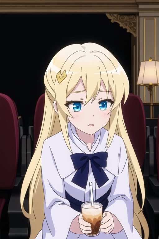 Masterpiece. UHD, 8K, anime style, Hildegard sitting inside a dark movie theater, her elegant dress flowing beneath her as she relaxes in her seat. The dim light from the movie screen reflects on her clean white skin and her long blonde hair tied with the indigo bow. She holds a drink in one hand and is leaning slightly forward with a focused expression on her face. Her blue eyes are fixed on the screen, and the soft glow of the film casts a gentle light on her. The quiet atmosphere of the theater contrasts with her regal presence.