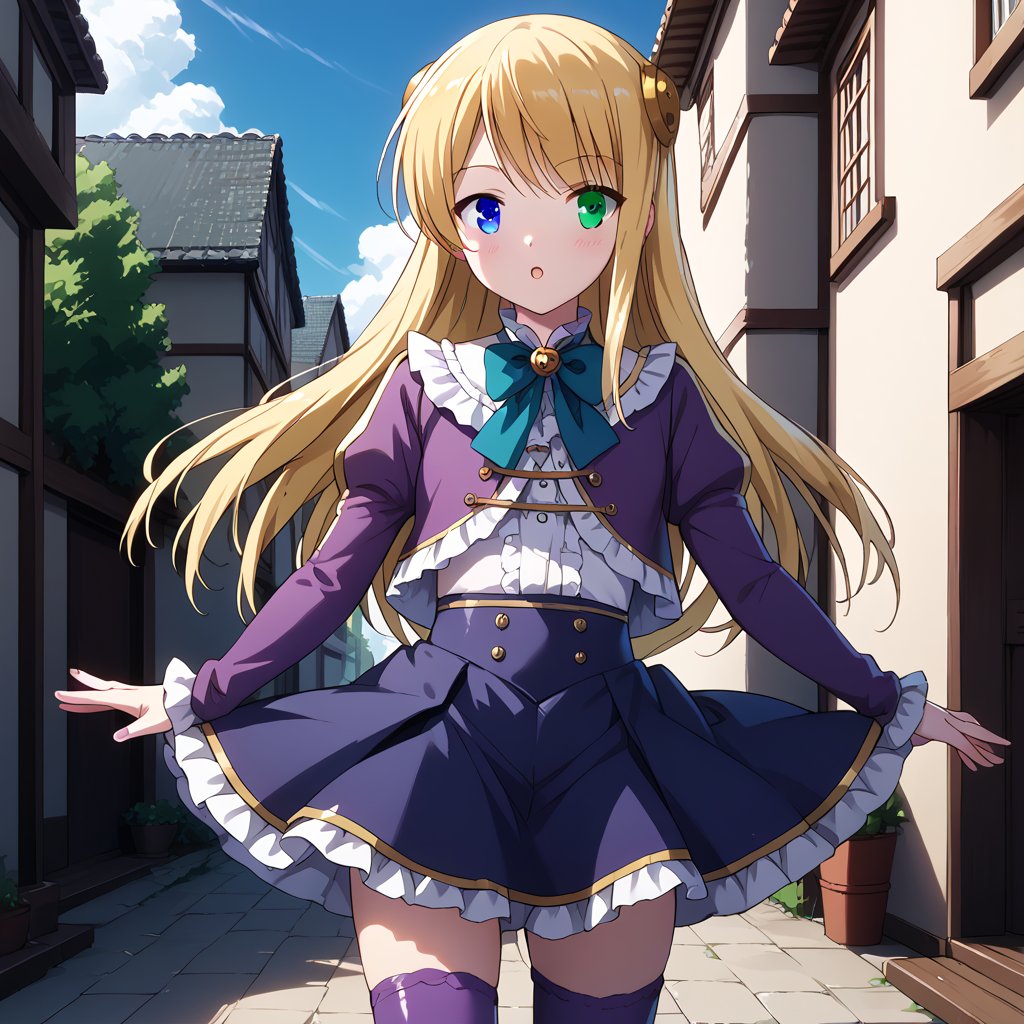 score_9, score_8_up, score_7_up, score_6_up,  rating_explicit, source_anime,  cute and sensitive, shiny skin,  characters focus, detailed eyes, detailed skins, cowboy shot,   yumina, blonde hair, long hair, heterochromia, blue eyes, green eyes, hair ornament, yuminadress,bowtie, shirt, long sleeves,center frills,purple skirt, frilled skirt,thighhighs,purple legwear,1girl, dynamic pose, outdoors,