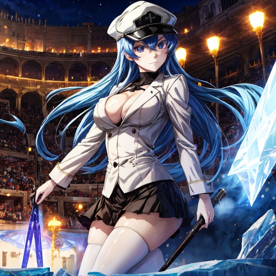 esdeath, icemagic, spell, coliseum, light details, high_resolution, masterpiece, >:), night, hat