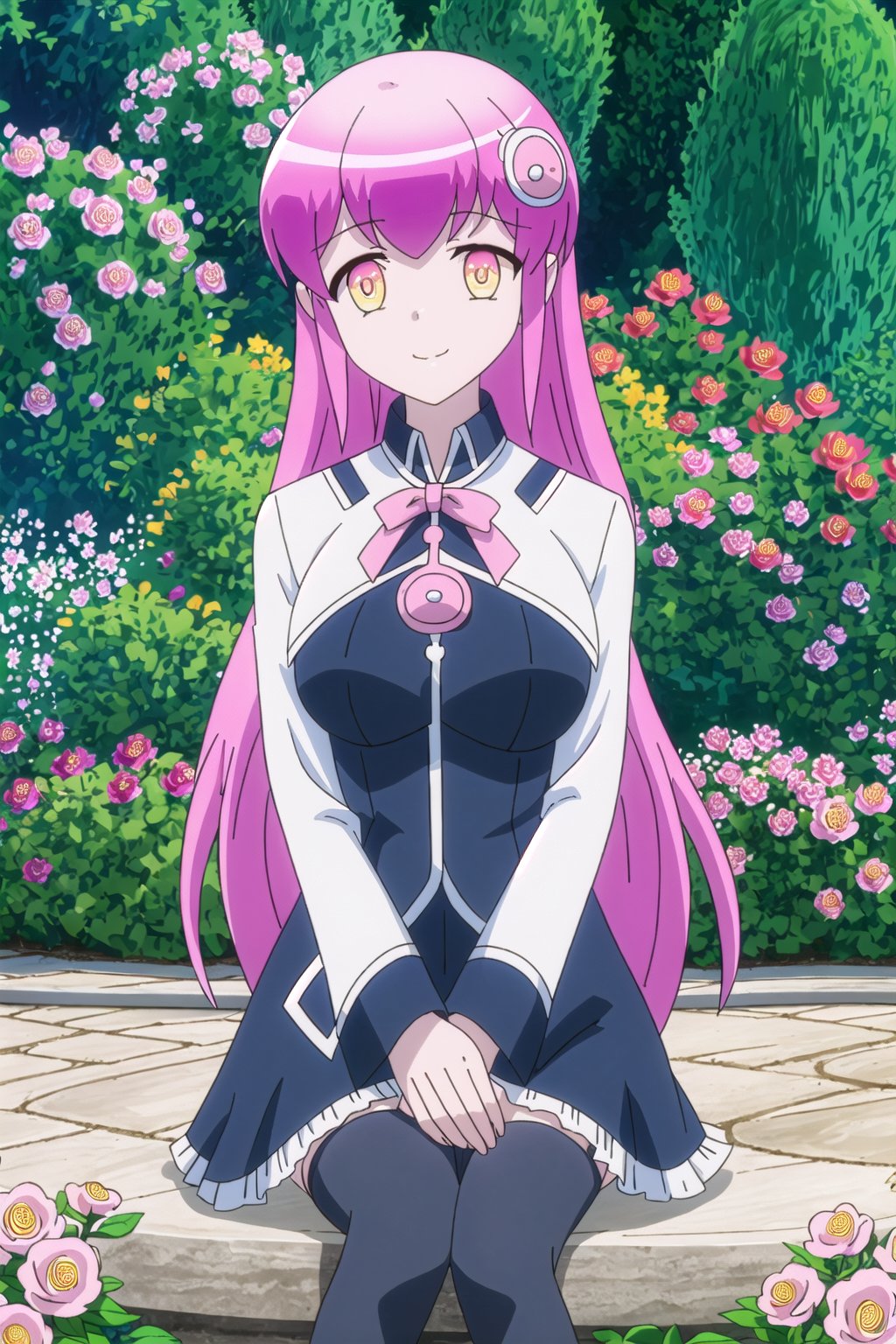 bell, Masterpiece. UHD, 8K, anime style, Bell Flora sitting in a garden surrounded by blooming flowers. She’s wearing her casual black tunic with a white skirt and black tights, and her large pink ribbon is tied neatly in her hair. The sunlight filters through the trees, casting a warm glow on her white skin and golden eyes, which shine with a sense of calm. She’s seated on a stone bench, hands gently resting on her lap, while butterflies and birds flit around the peaceful garden. Her soft pink hair and relaxed posture create a serene, almost magical atmosphere.