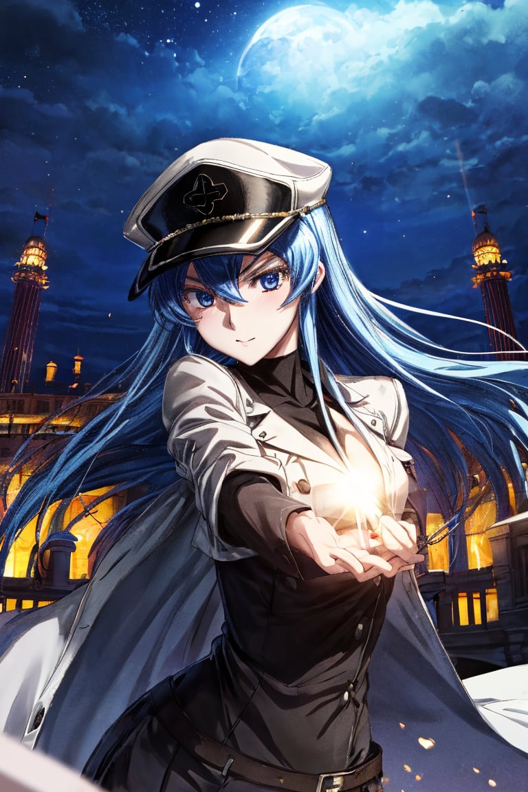 esdeath, icemagic, spell, coliseum, light details, high_resolution, masterpiece, >:), night, hat