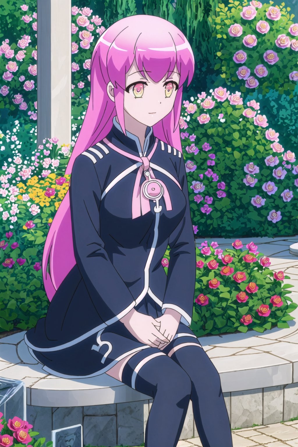 bell, Masterpiece. UHD, 8K, anime style, Bell Flora sitting in a garden surrounded by blooming flowers. She’s wearing her casual black tunic with a white skirt and black tights, and her large pink ribbon is tied neatly in her hair. The sunlight filters through the trees, casting a warm glow on her white skin and golden eyes, which shine with a sense of calm. She’s seated on a stone bench, hands gently resting on her lap, while butterflies and birds flit around the peaceful garden. Her soft pink hair and relaxed posture create a serene, almost magical atmosphere.