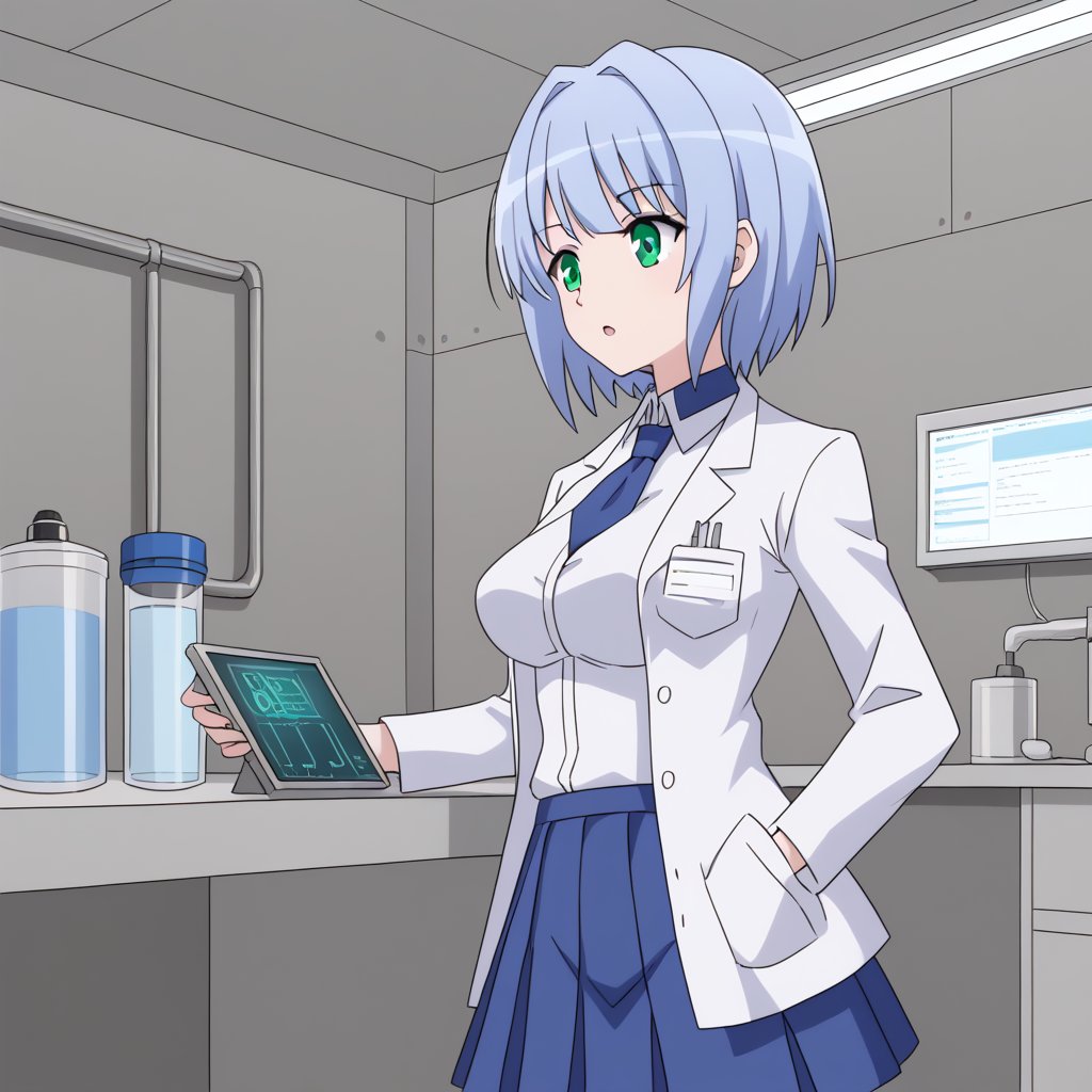 Linze, the anime girl with short, silver-blue hair and emerald green eyes, is working in the school science lab. She is wearing a white lab coat over her school uniform: a white blouse with a navy blue collar and a navy blue pleated skirt. Linze is carefully conducting an experiment at a lab bench, surrounded by scientific equipment and glassware. Her expression is focused and curious, and the lab has bright fluorescent lighting.
