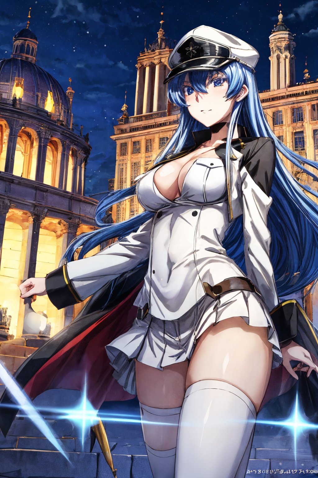 esdeath, icemagic, spell, coliseum, light details, high_resolution, masterpiece, >:), night, hat