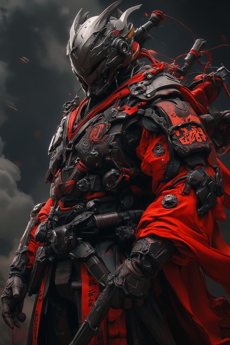 full photo of red samurai with cyber mecha matte skin armour . set against a futuristic background with a clean, cinematic lighting. This is a full-body shot, in the style of Yoji Shinkawa and Artgerm, rendered with Octane and presented as a high-resolution, hyper-realistic, and intricately detailed masterpiece. pose in dynamic style. dslr effect background