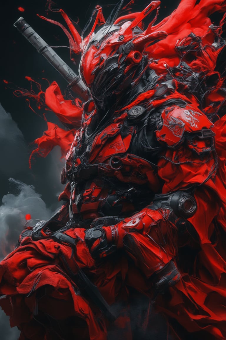 full photo of red samurai with cyber mecha matte skin armour . set against a futuristic background with a clean, cinematic lighting. This is a full-body shot, in the style of Yoji Shinkawa and Artgerm, rendered with Octane and presented as a high-resolution, hyper-realistic, and intricately detailed masterpiece. pose in dynamic style. dslr effect background. Swirl vortex smokes background.