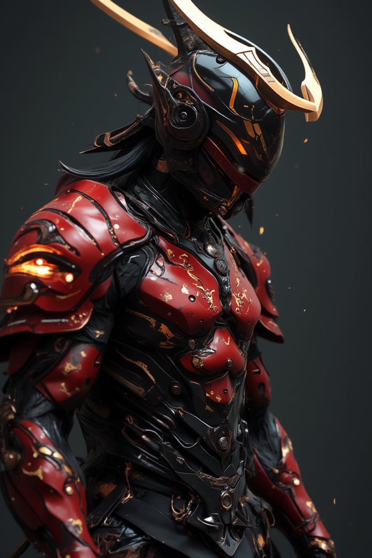 full photo of red samurai wearing darkmoon 2 mecha matte skin armour . set against a futuristic background with a clean, cinematic lighting. This is a full-body shot, rendered with Octane and presented as a high-resolution, hyper-realistic, and intricately detailed masterpiece. pose in dynamic style. dslr effect background