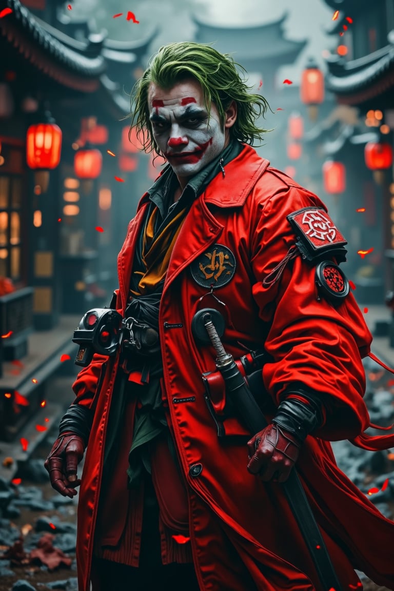 Joker in red samurai version. Standing in dynamic pose style. Hyper realistic full photo with depth of field. Full of emotions scene epic.