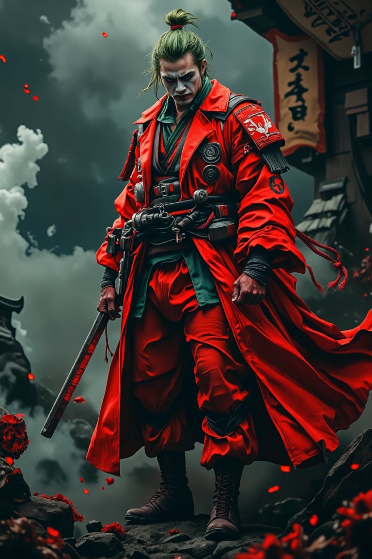 Joker in red samurai version. Standing in dynamic pose style. Hyper realistic full photo with depth of field. Full of emotions scene epic.