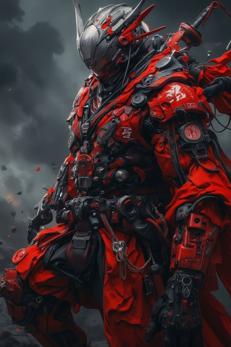 full photo of red samurai with cyber mecha matte skin armour . set against a futuristic background with a clean, cinematic lighting. This is a full-body shot, in the style of Yoji Shinkawa and Artgerm, rendered with Octane and presented as a high-resolution, hyper-realistic, and intricately detailed masterpiece. pose in dynamic style. dslr effect background