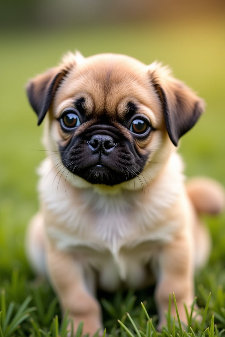 Shot of a pug puppy sitting on a soft, green grass, with its ears perked up and tail wagging gently. The camera captures the puppy's endearing features, showcasing its bright brown eyes and fluffy coat. The lighting is warm and natural, casting a soft glow on the puppy's face. Composition focuses on the puppy's adorable expression, with a blurred background to emphasize its cuteness.