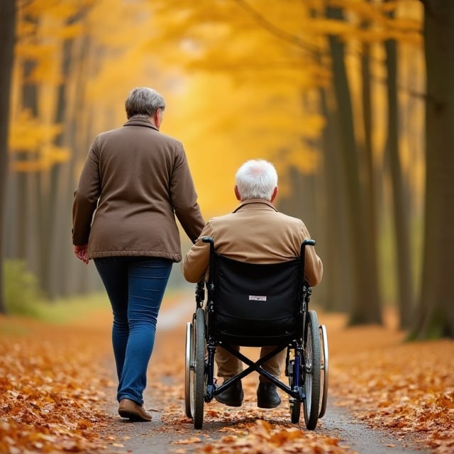 Autumn forest, fallen leaves, an old lady pushing an old man in a wheelchair, back view, warm,