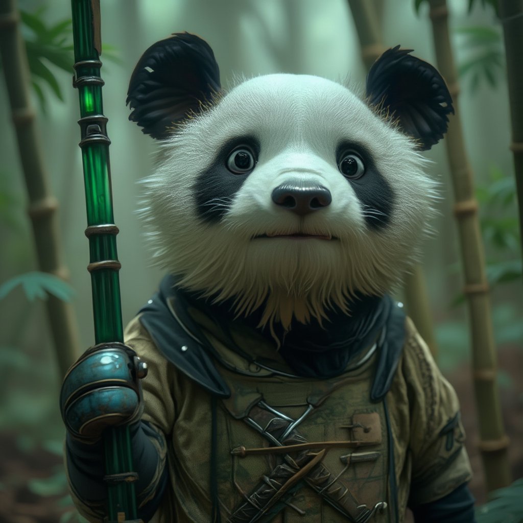 A close-up of an anthropomorphic panda, wearing high-tech armor walking in a bamboo forest, holding a green bamboo pole in his right hand (the bamboo pole emits a faint glow). The picture perfectly shows its fine hair, the bamboo forest in the distance is blurred, the Tyndall effect, the soft light, a masterpiece, high resolution, high resolution, the whole picture gives people a sense of tranquility.