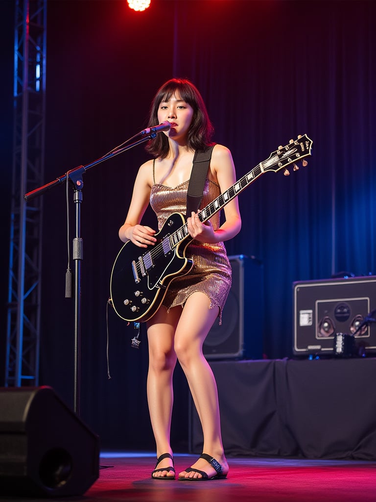 A young japanese woman A female performer on a stage, holding a shiny black electric guitar. She is wearing an ultra-mini glossy gold latex dress and has a microphone in front of her. The background displays a vibrant stage environment, including black curtains, speaker towers and light cans., photo, wildlife photography, portrait photography