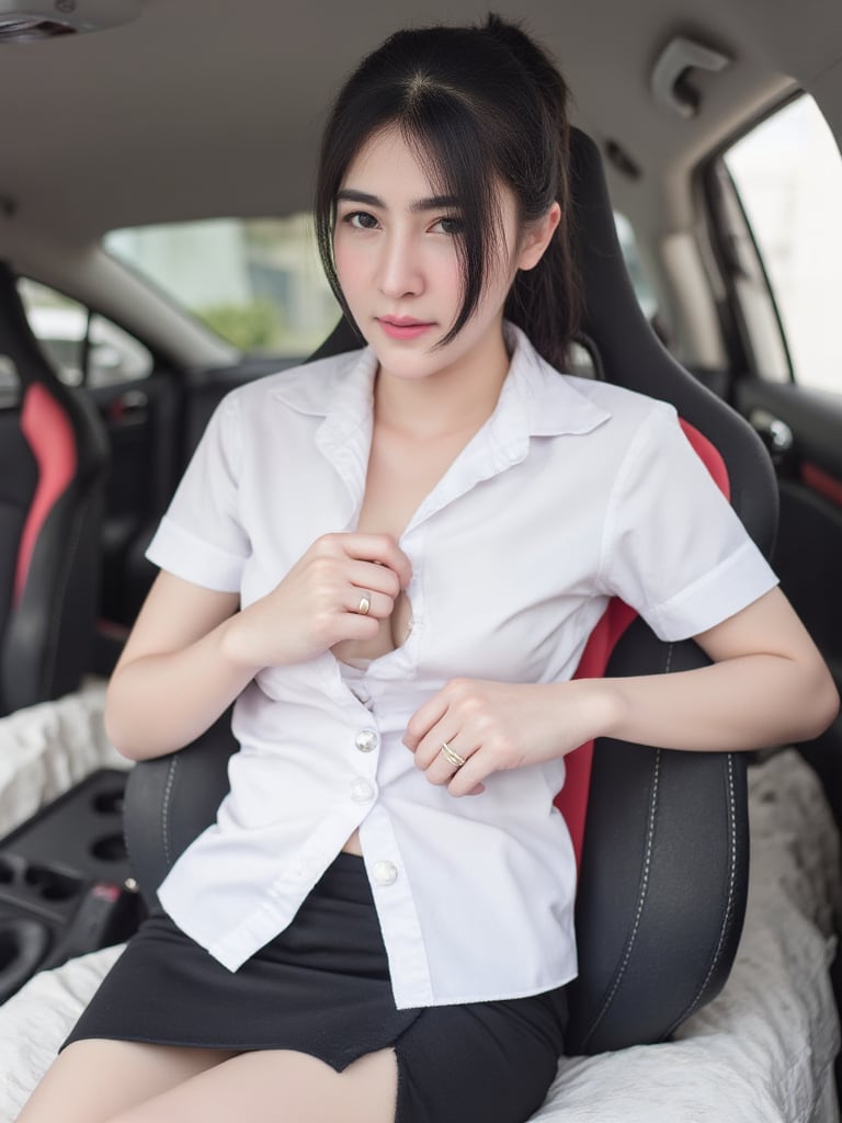 A woman wear nisit outfit with hand on unbutton open white shirt reveal her breastblack pencil skirt a woman in sport car seat with a white shirt, a woman sitting on a bed with a white shirt,black bang ponytsil hair,young,20 years old,red mouth,smile,banghair