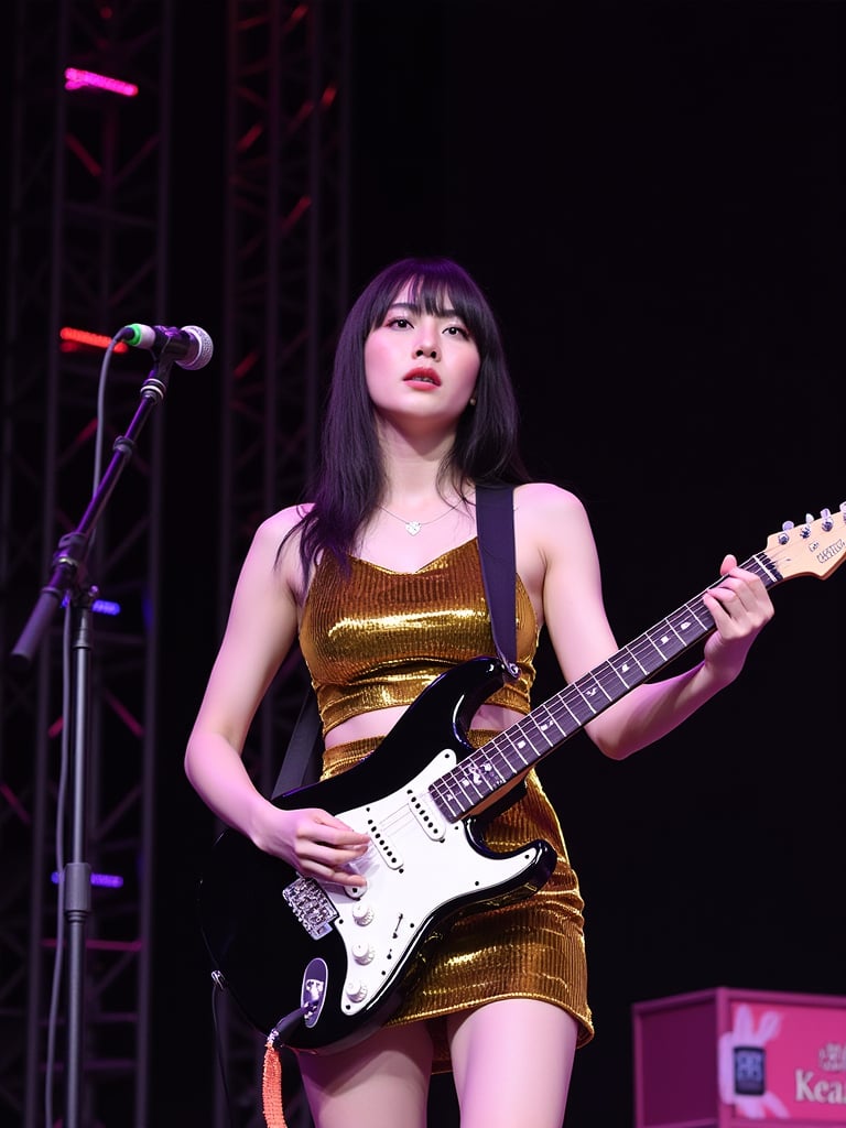 A young japanese woman A female performer on a stage, holding a shiny black electric guitar. She is wearing an ultra-mini glossy gold latex dress and has a microphone in front of her. The background displays a vibrant stage environment, including black curtains, speaker towers and light cans., photo, wildlife photography, portrait photography