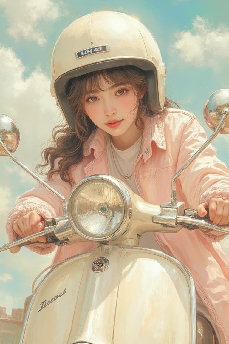 (by Loish, Leyendecker), anime girl, retro, sitting on a (silver scooter), SamYangstyle, soft, super cute face, soft colors, blush, dreamy, more detail XL, 