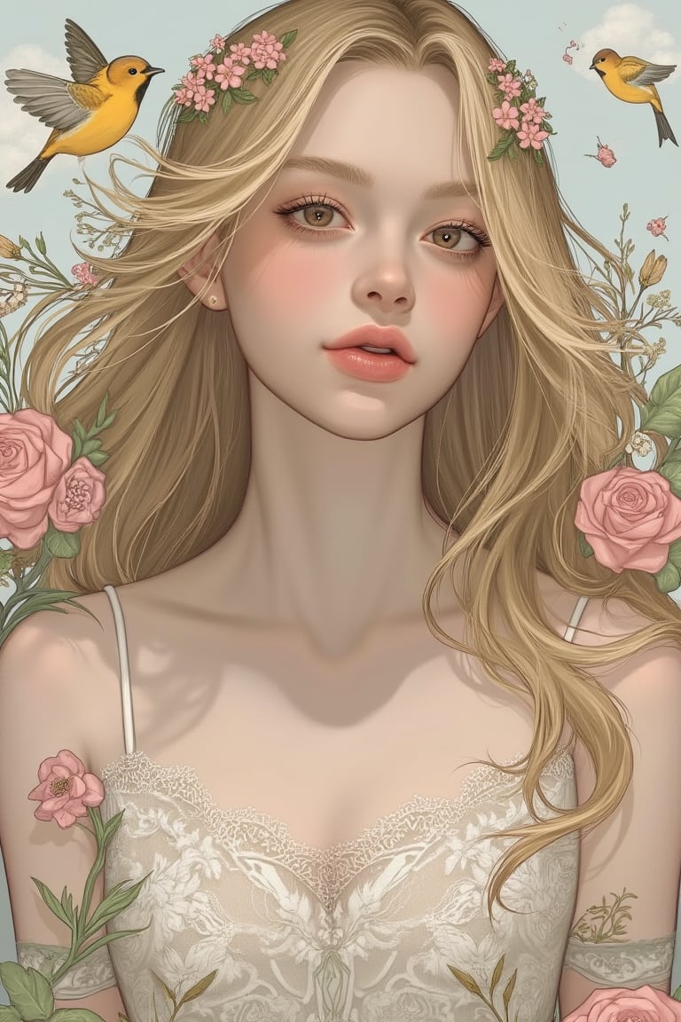 a beautiful young woman, long blonde hair, pale soft skin,lace dress, soft colors, background with birds and flowers, intricate details,shading lineart, shading, lineart, 2.5D, illustration, portrait, closeup, Score_9, Score_8_up, Score_7_up, behance work, intricate, vibrant color, High quality, 8k hd, best quality, detailed skin texture, complicated, 8k ultra hd, high resolution, high definition, excellent quality, stunning image, volumetric lighting, detail quality Enhancer,