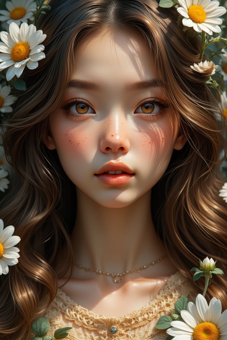 solo, looking at viewer, Score_9, Score_8_up, Score_7_up, intricate, ((expressionless)), vibrant, empty_eyes, behance work, vibrant color, High quality, 8k hd, best quality, detailed skin texture, Realistic face, long wavy hair, hyper realistic, complicated, 8k ultra hd, high resolution, high definition, excellent quality, stunning image, cinematic lightning, volumetric lighting,detail quality Enhancer, 1girl, daisy garden theme,