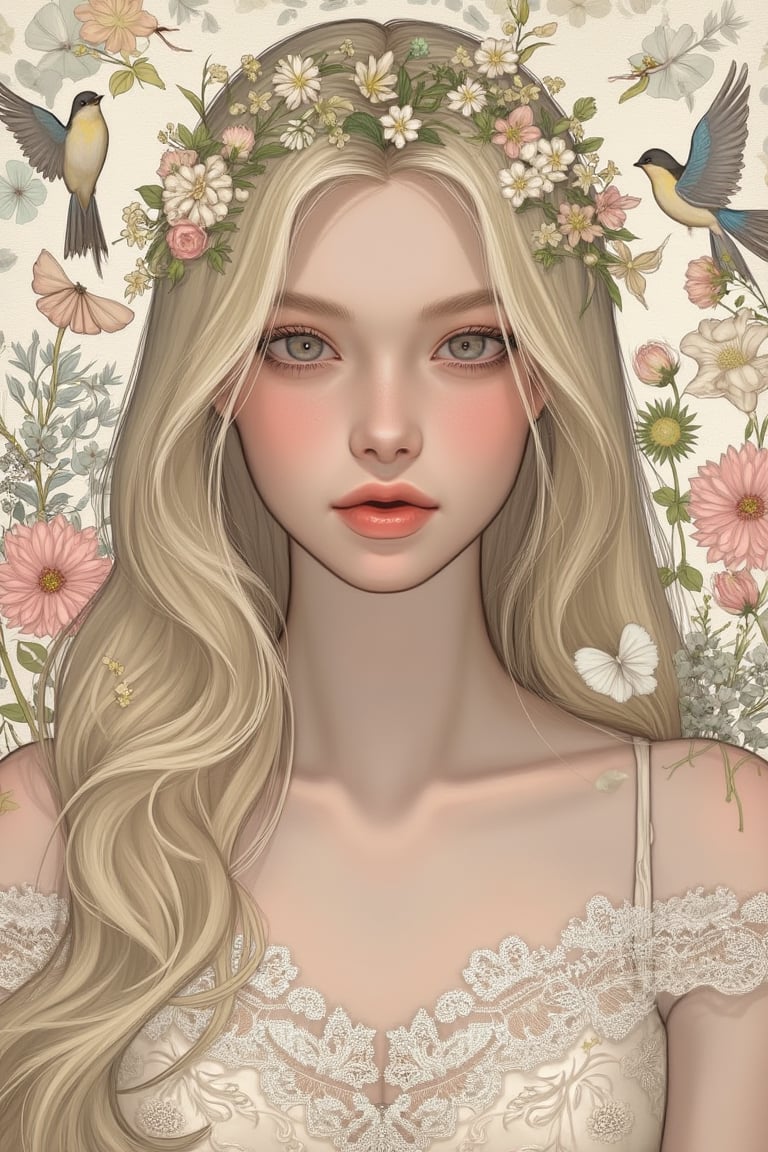 a beautiful young woman, long blonde hair, pale soft skin,lace dress, soft colors, background with birds and flowers, intricate details,shading lineart, shading, lineart, 2.5D, illustration, portrait, closeup, Score_9, Score_8_up, Score_7_up, behance work, intricate, vibrant color, High quality, 8k hd, best quality, detailed skin texture, complicated, 8k ultra hd, high resolution, high definition, excellent quality, stunning image, volumetric lighting, detail quality Enhancer,