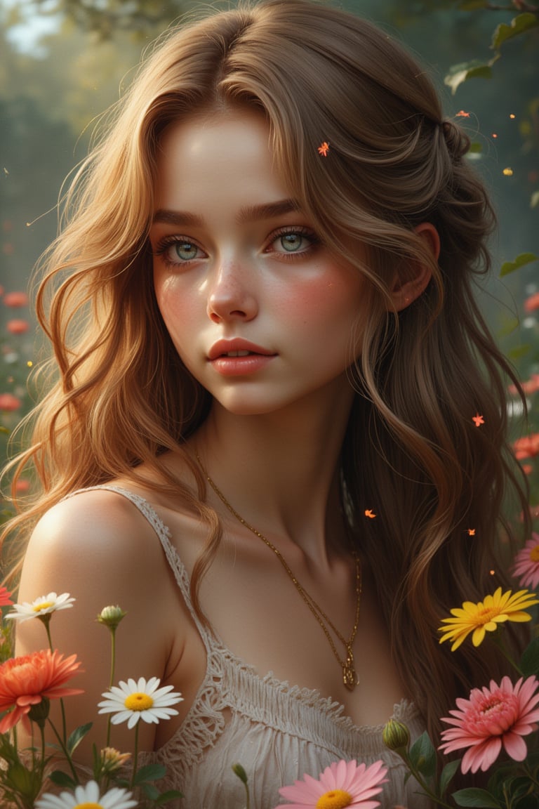 solo, looking at viewer, Score_9, Score_8_up, Score_7_up, intricate, ((expressionless)), vibrant, empty_eyes, behance work, vibrant color, High quality, 8k hd, best quality, detailed skin texture, Realistic face, long wavy hair, hyper realistic, complicated, 8k ultra hd, high resolution, high definition, excellent quality, stunning image, cinematic lightning, volumetric lighting,detail quality Enhancer, 1girl, garden theme, daisy